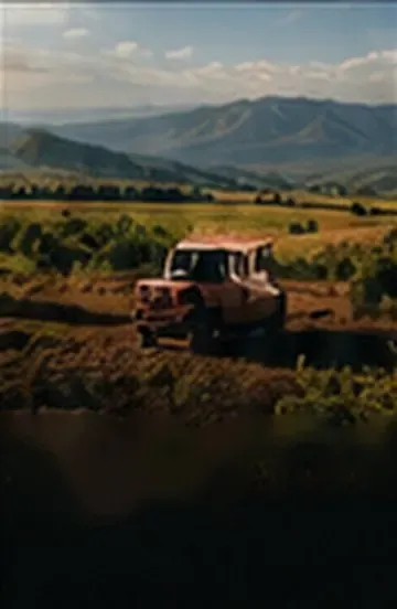 A pickup truck in green farmland below blue hills