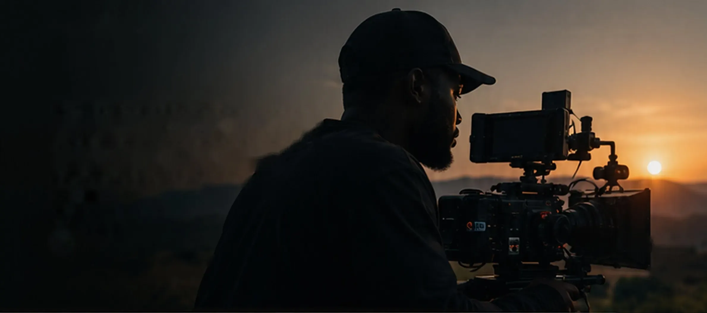 A camera operator in a cap behind a cinema camera, silhouetted against the setting sun
